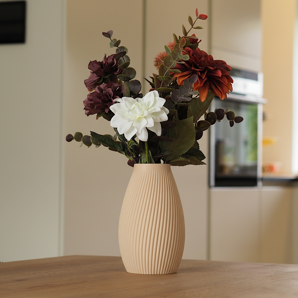 Beige FLUTE Vase i 3D print med blomster – varm og indbydende dansk hygge