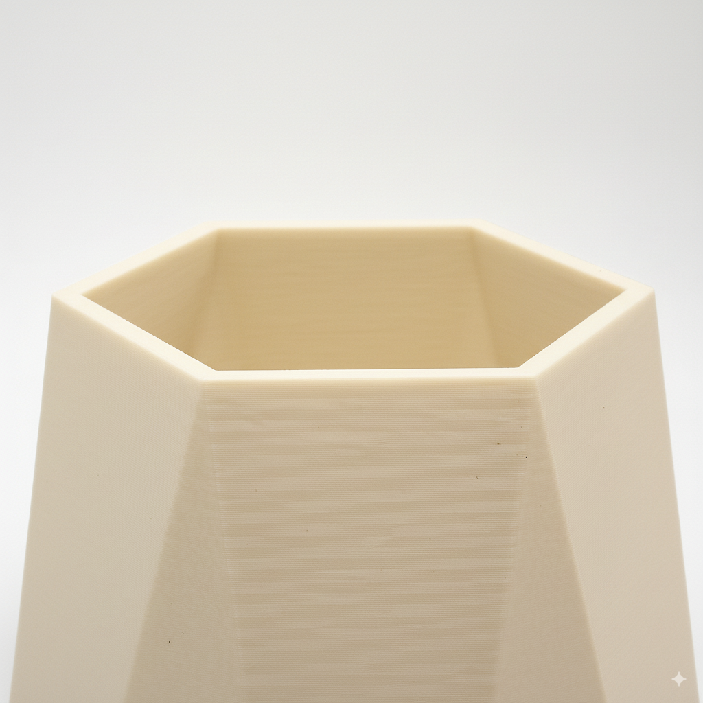 Close‑up af tekstur og åbning på Beige Geometric Vase – æstetisk finesse