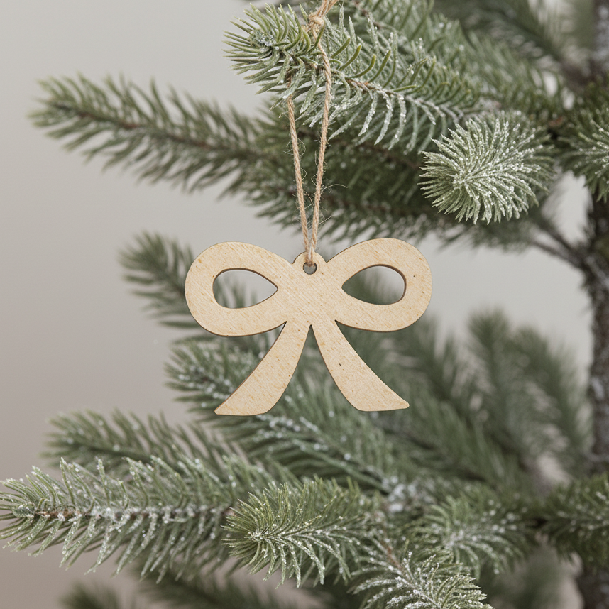 Birk sløjfe julepynt hængt på gren – perfekt til juletræ, vinduer, grene eller adventsgaver.
