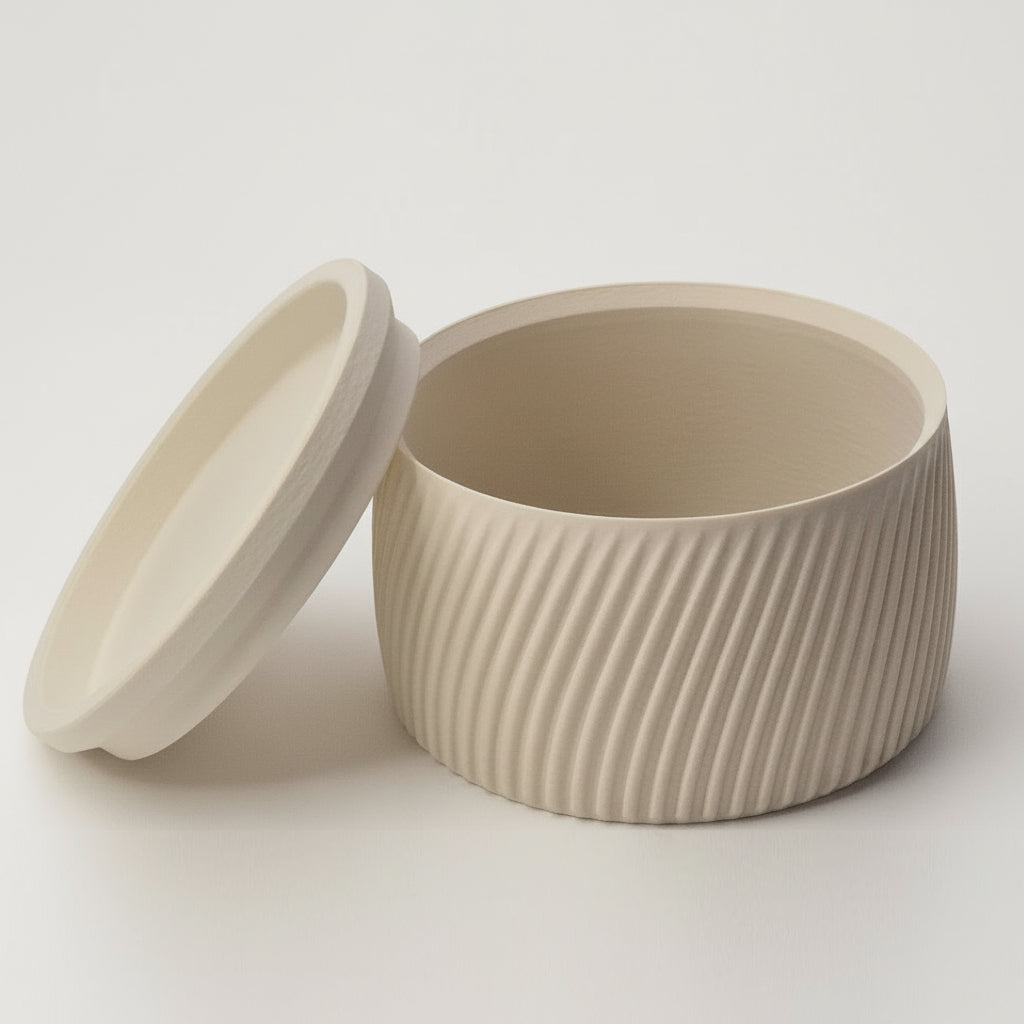 FLUTE opbevaringsboks med låg åbent, boks med design og riflede sider – egnet til små opbevaringsgenstande i hjemmet.