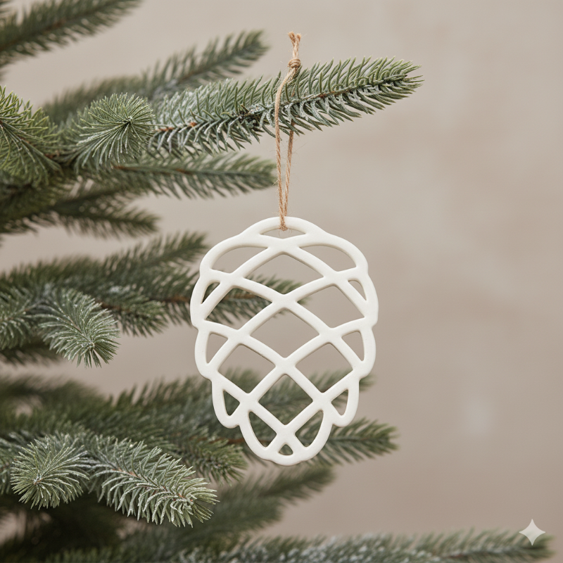 Hvid kogle julepynt hængt på gren – perfekt til juletræ, vinduer, adventsgaver og dekorative grene.