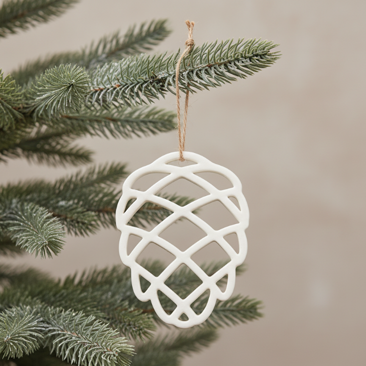 Hvid kogle julepynt hængt på gren – perfekt til juletræ, vinduer, adventsgaver og dekorative grene.