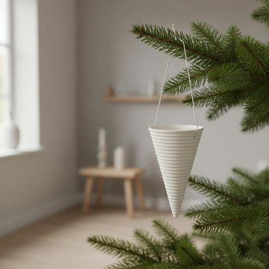 Hvidt riflet kræmmerhus som stemningsfuldt julepynt til juletræ