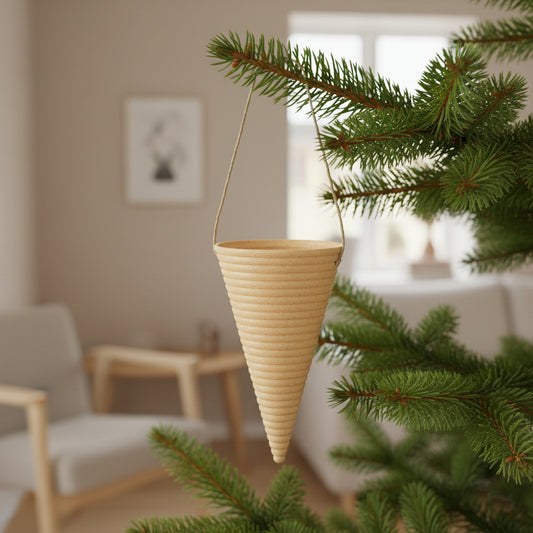 Riflet kræmmerhus i birk som klassisk julepynt til juletræ eller gren