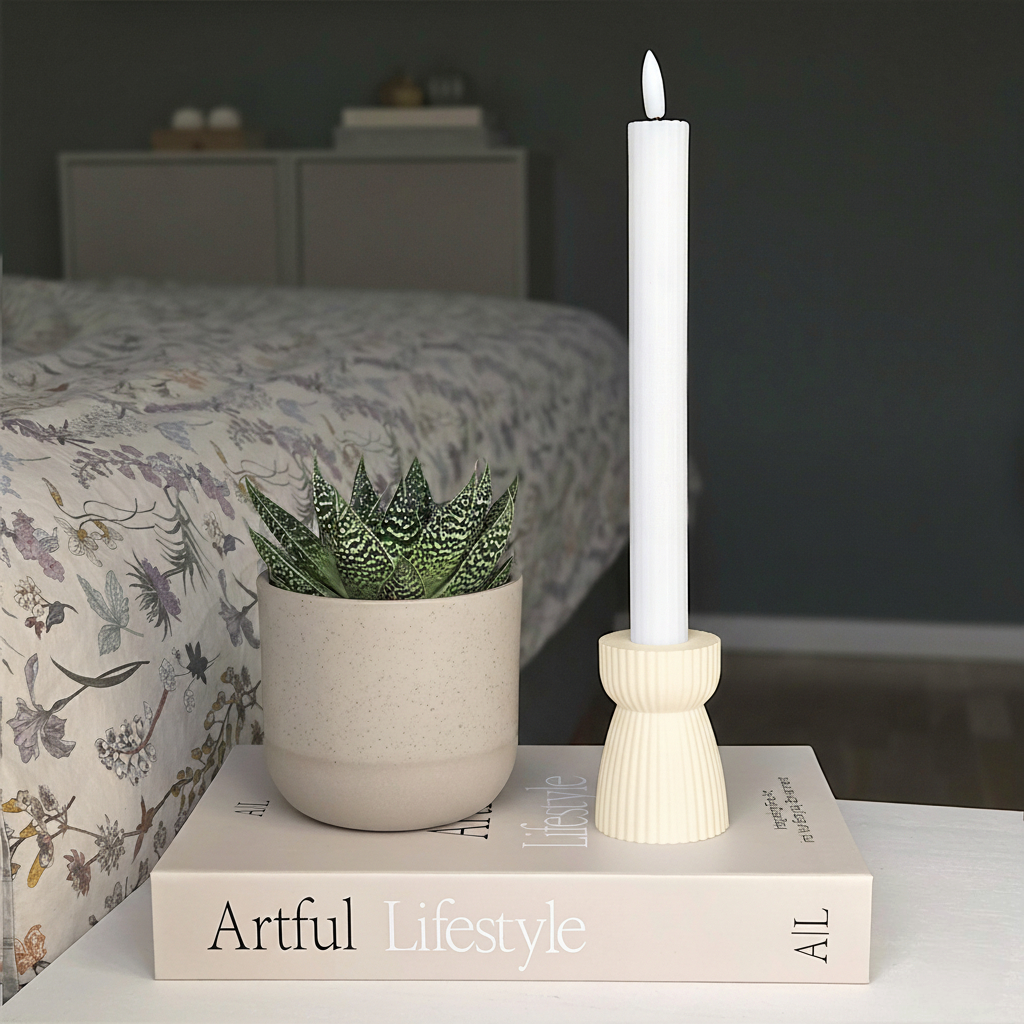 RIBB lysestage i cream står smukt ved siden af en plante og understreger det enkle og bæredygtige danske design