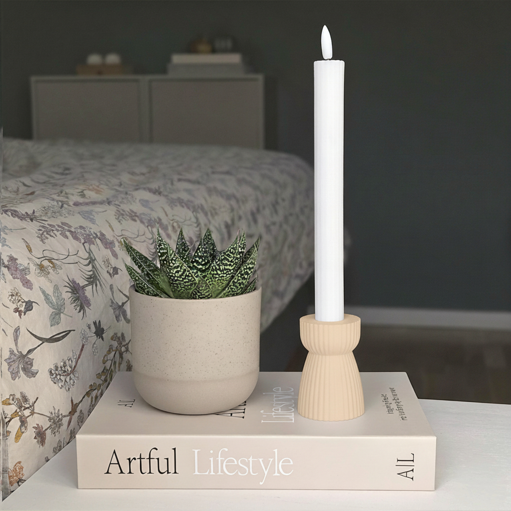 RIBB lysestage i beige som en del af et roligt og harmonisk soveværelsesmiljø – trykt i plantebaseret materiale med minimal spild