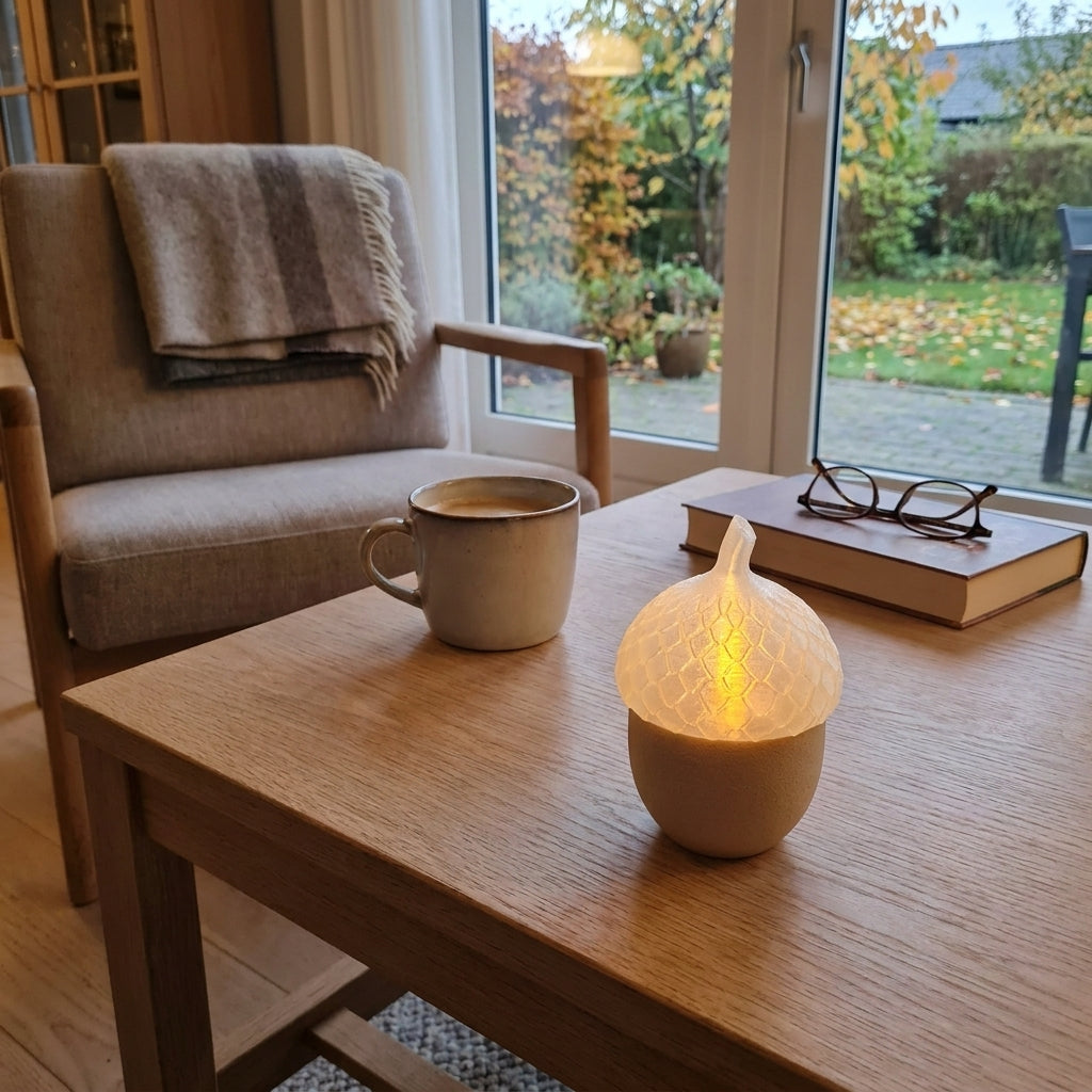 Agernformet LED fyrfadsstage med lysende top på sofabord i en hyggelig stue.