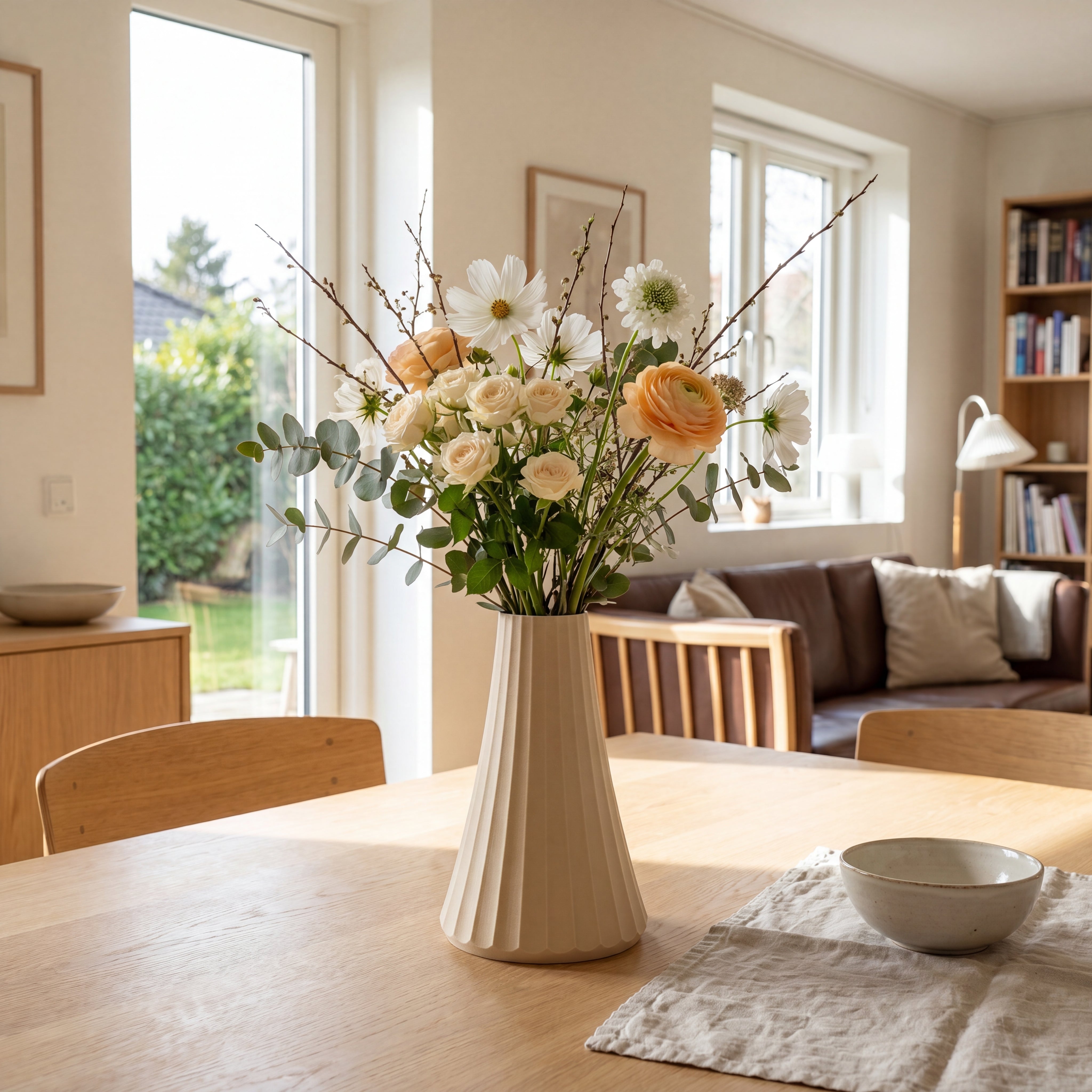 ARC vase i beige med blomster, skabt til rolig og enkel indretning