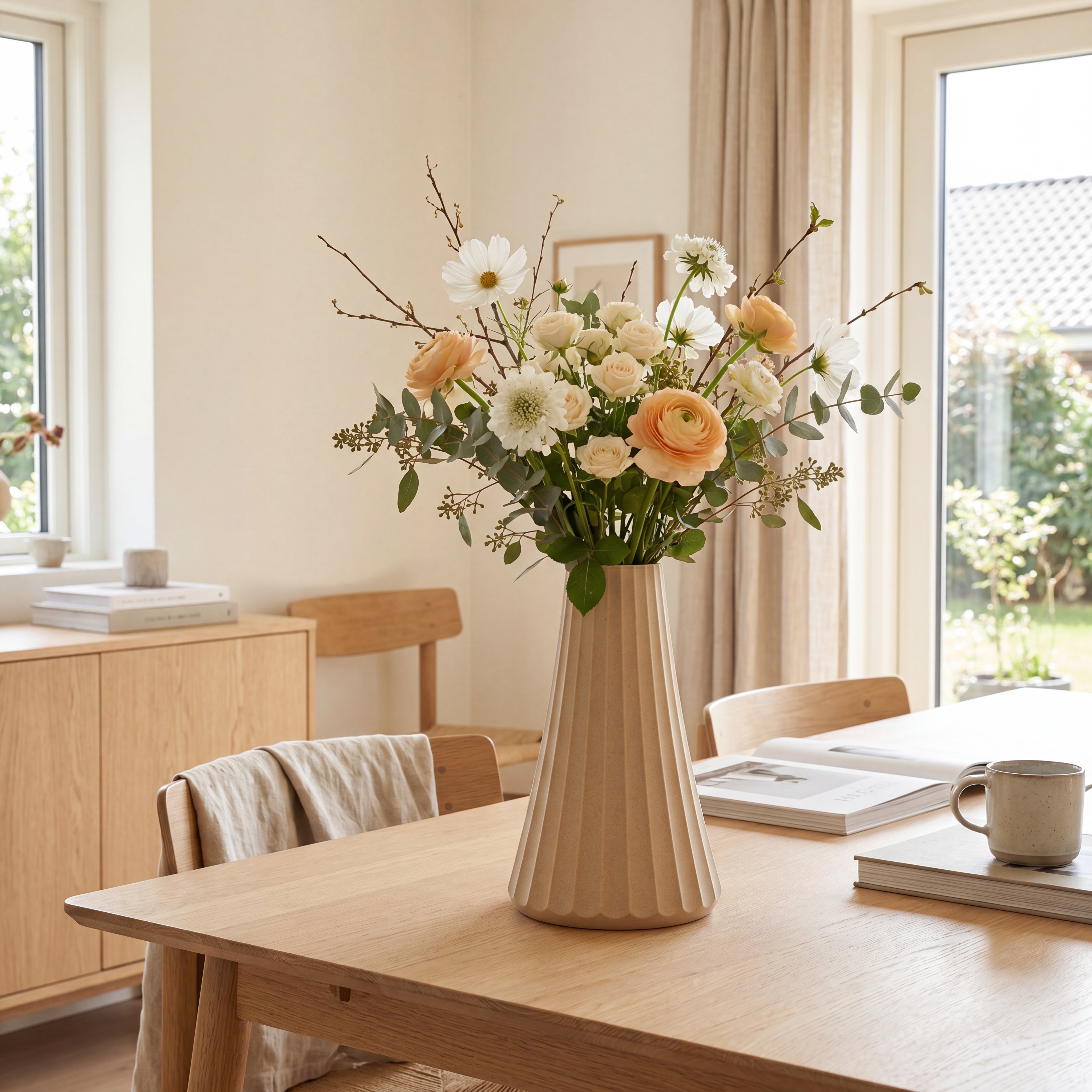 ARC vase i birk nuance med blomster på lys træbord i skandinavisk indretning
