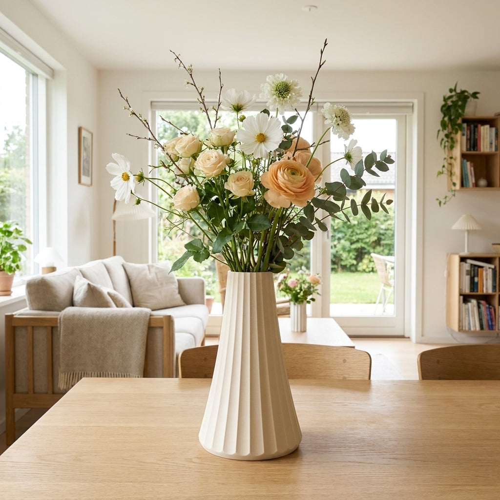 ARC vase i cream med blomster ved vindue i lyst skandinavisk hjem