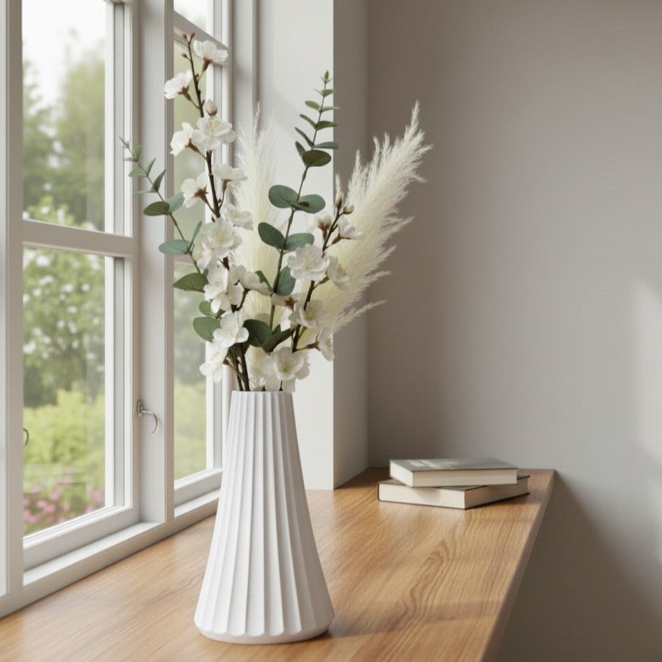 ARC vase i hvid med blomster, placeret på bord i roligt skandinavisk hjem