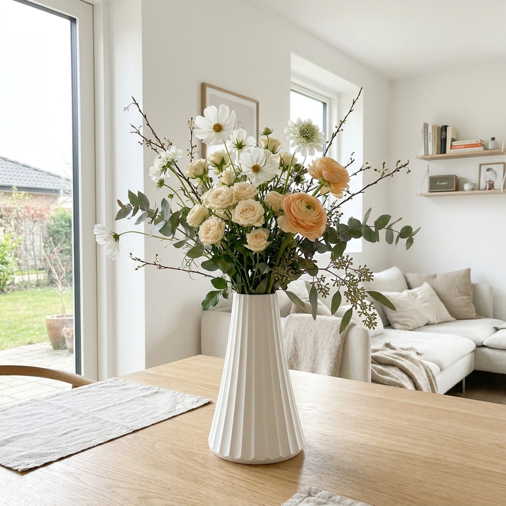 ARC vase i hvid med blomster, placeret på bord i roligt skandinavisk hjem