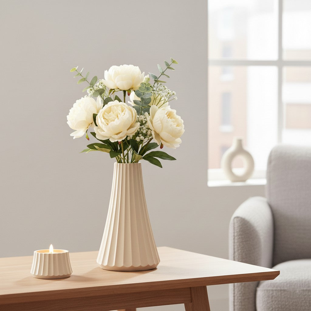 ARC vase I beige med blomster på sofa bordet, med ARC fyrfadsstage placeret ved siden af. Enkelt dansk design