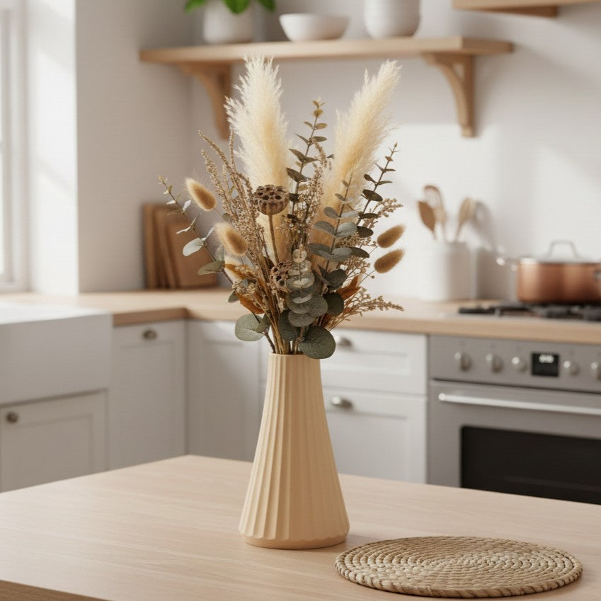 ARC vase i birk med blomster, placeret på køkkenbordet - bæredygtig rolig dansk design