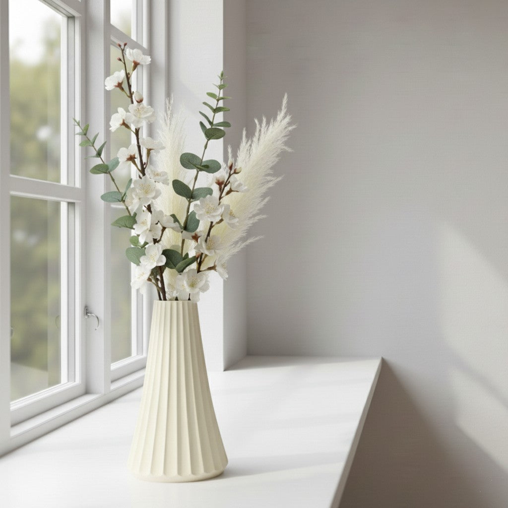 ARC vase i cream med blomster, placeret på vindueskarmen - elegant dansk design