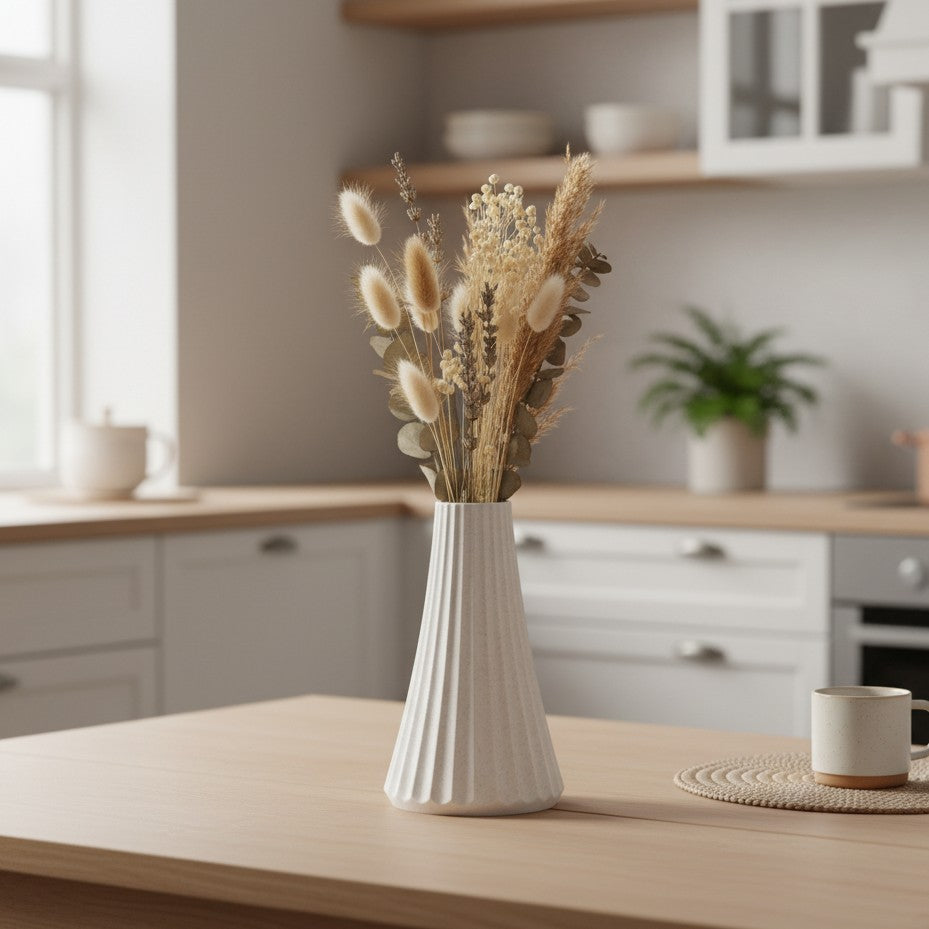 ARC vase i marmor med blomster, placeret på køkkenbordet - bæredygtig rolig dansk design