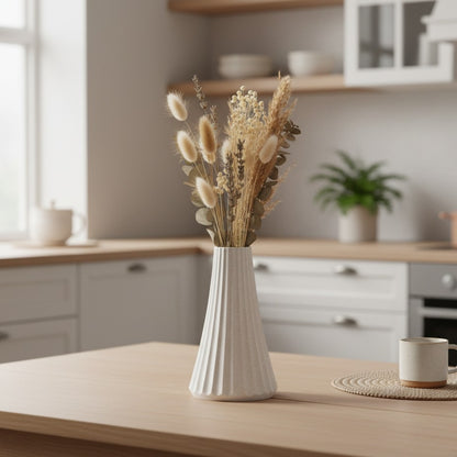 ARC vase i marmor med blomster, placeret på køkkenbordet - bæredygtig rolig dansk design