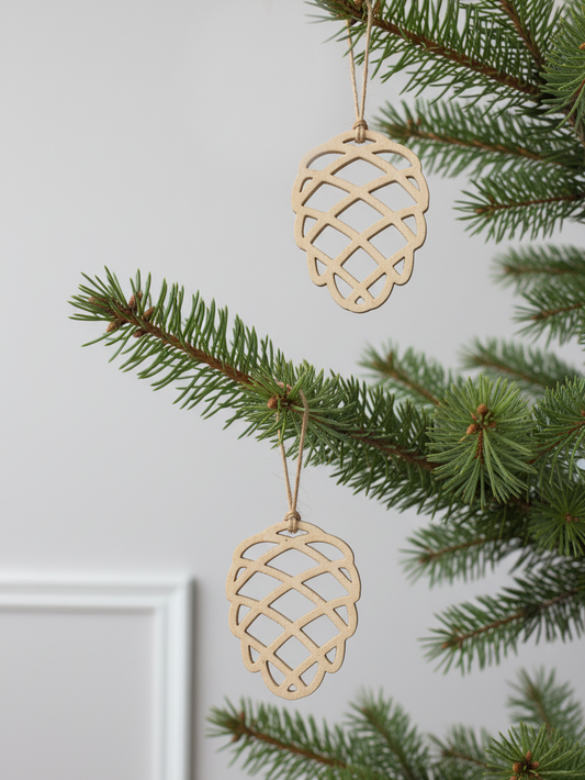 Birk farve kogle julepynt på grøn gren – velegnet til juletræ, vinduer, adventsgaver og dekorative grene.