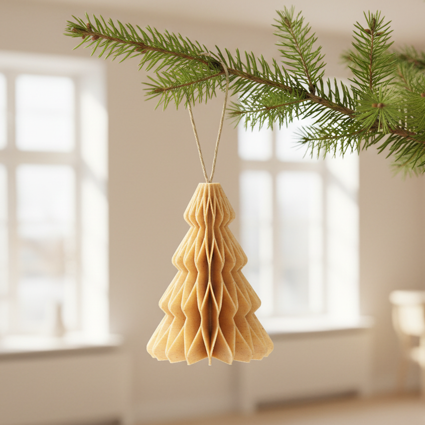 Birk honeycomb julepynt formet som et juletræ hængende på en gren – let og elegant julepynt til juletræ eller dekorative grene