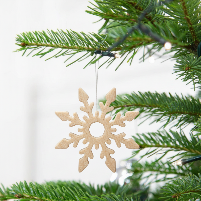 Birk farvet snefnug som julepynt på gren – egnet til juletræ, dekorative grene, vinduer og adventsgaver.