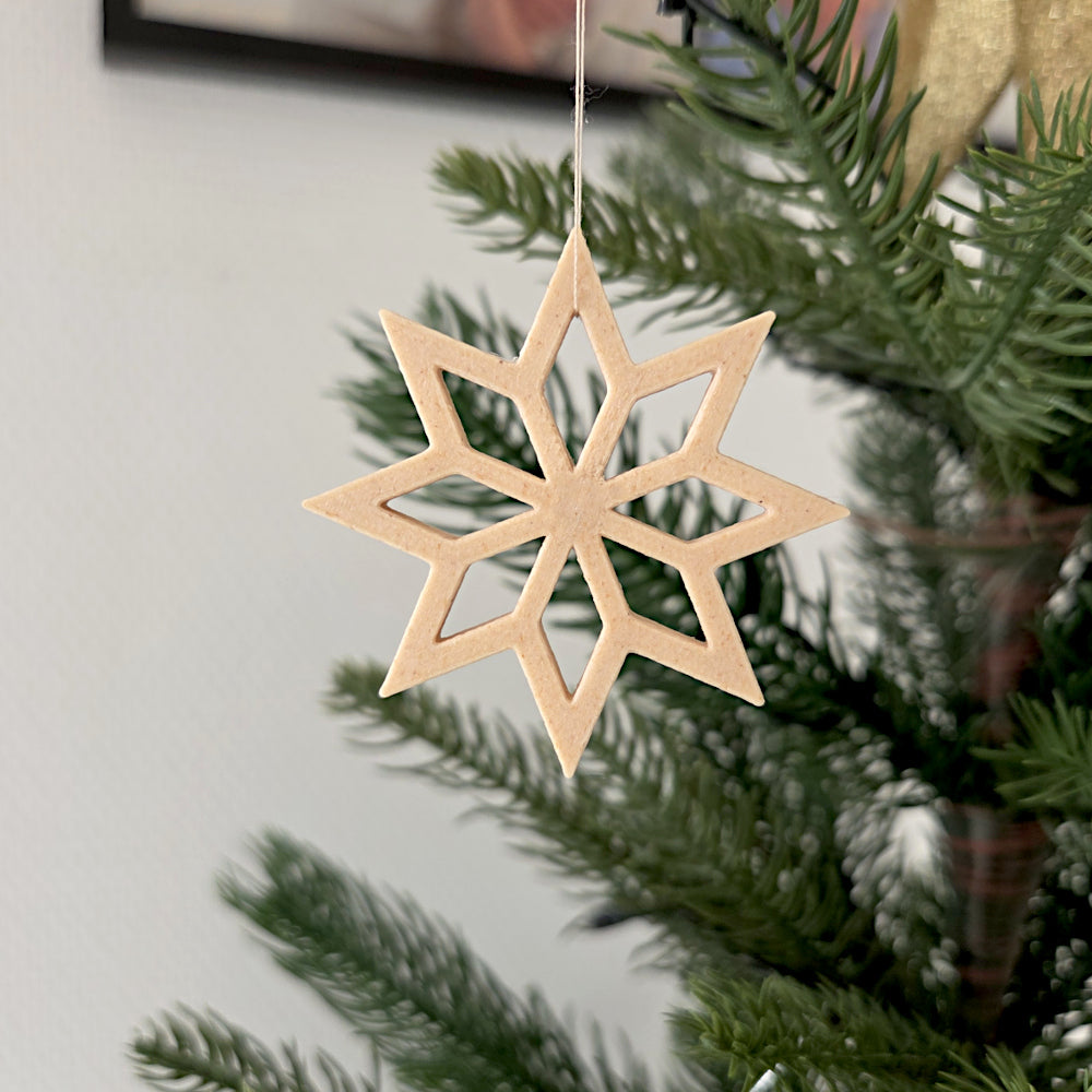 Birk farve stjerneformet julepynt hængende på juletræ – elegant dekoration til grene og adventsgaver.