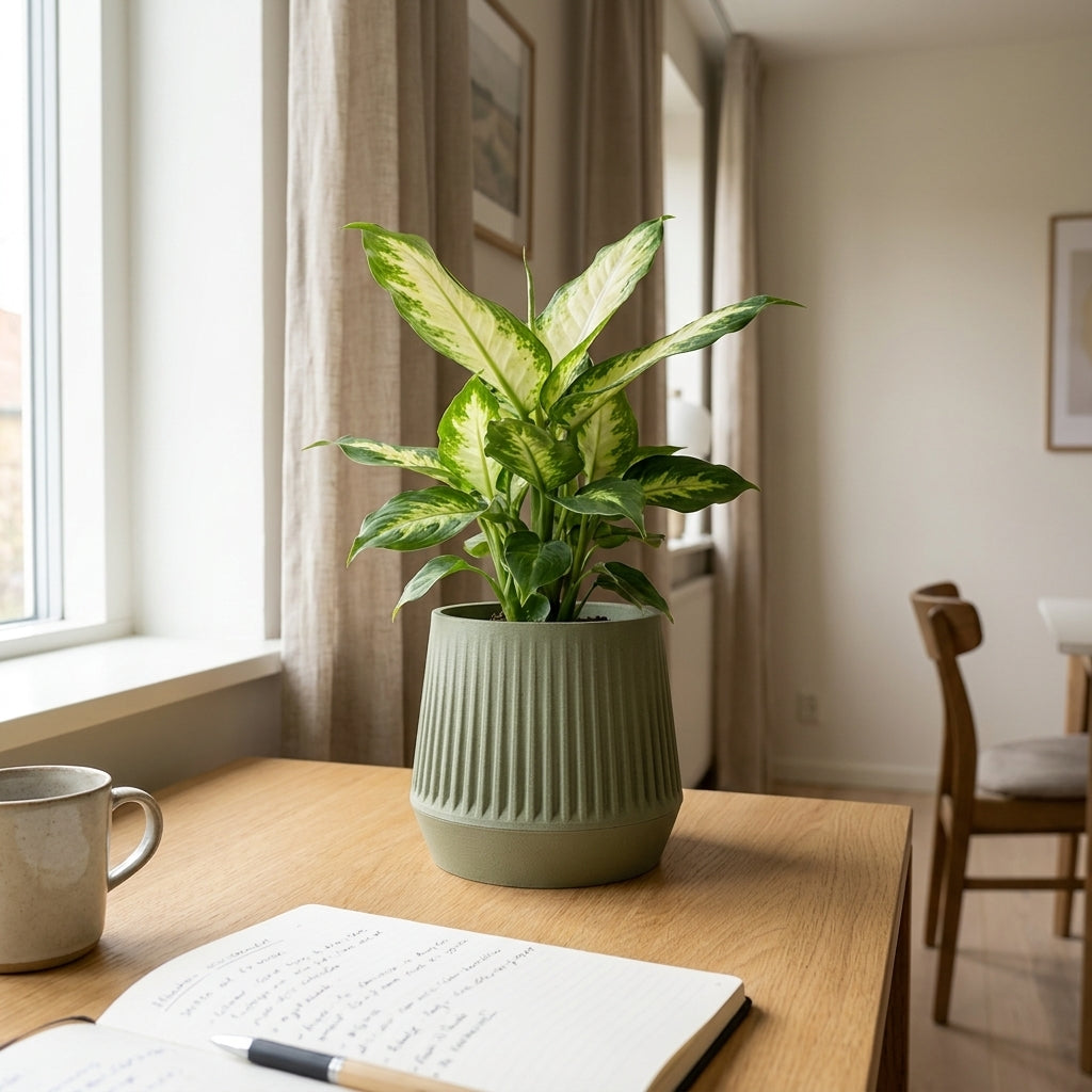 Calathea i Siv selvvandings urtepotte i oliven i skandinavisk indretning