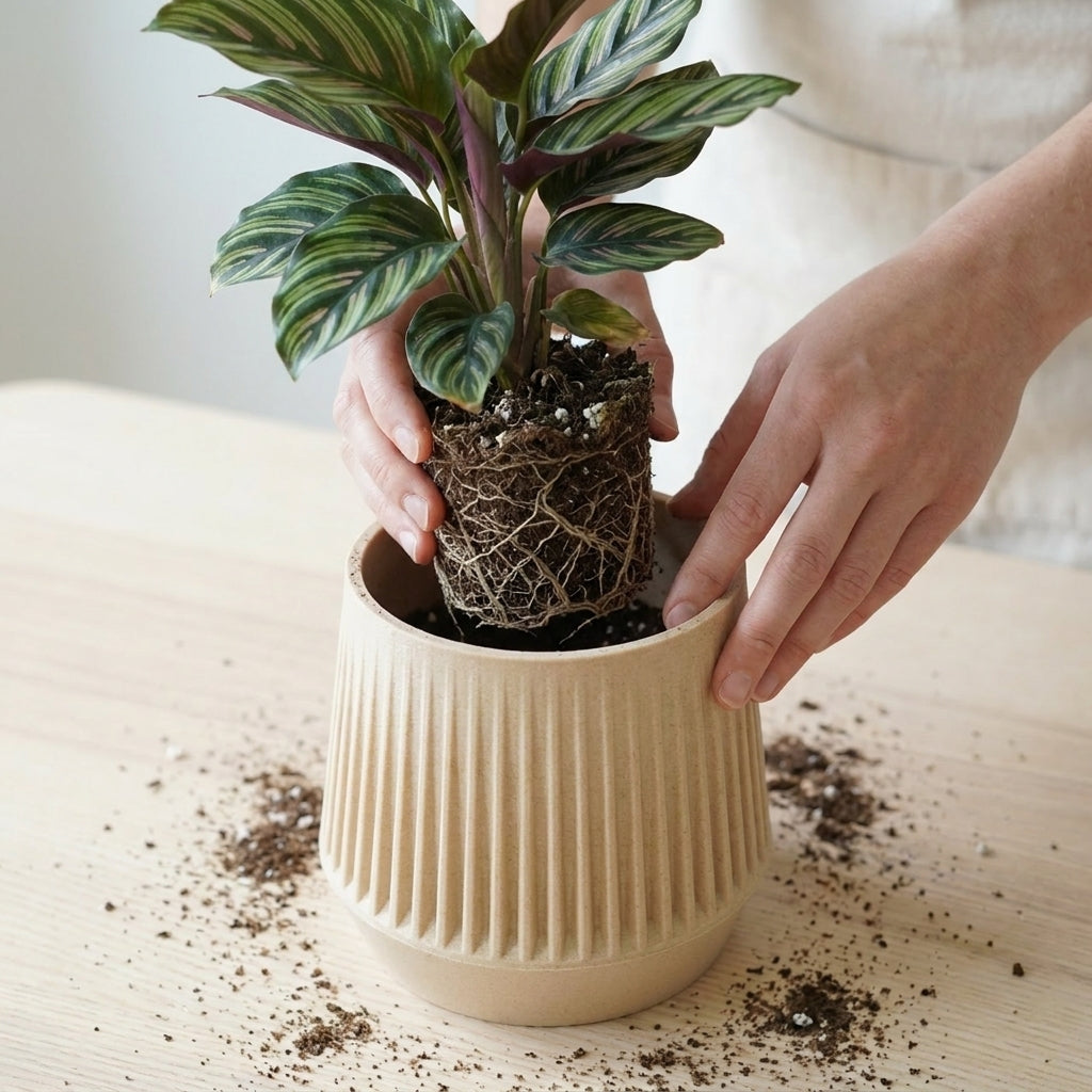 Calathea plantes direkte i Siv selvvandende urtepotte
