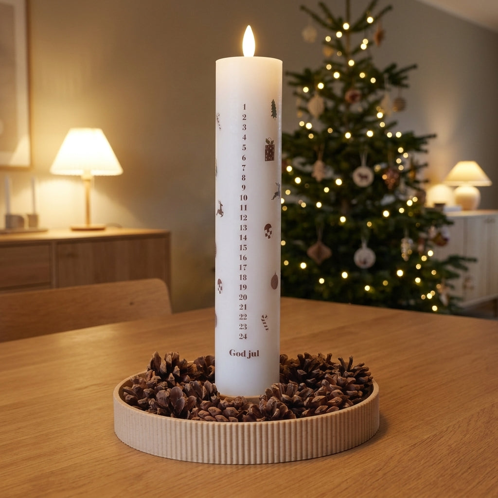 Dekorationsbakke til LED kalenderlys i dansk design med kogler på egetræsbord i et varmt julehjem.