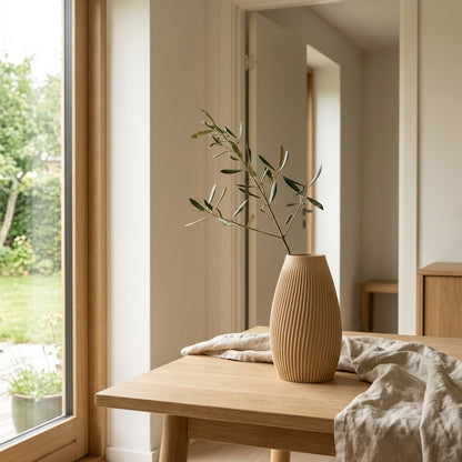 Flute vase til friske blomster, tørrede blomster og dekorative grene placeret på bord ved vindue
