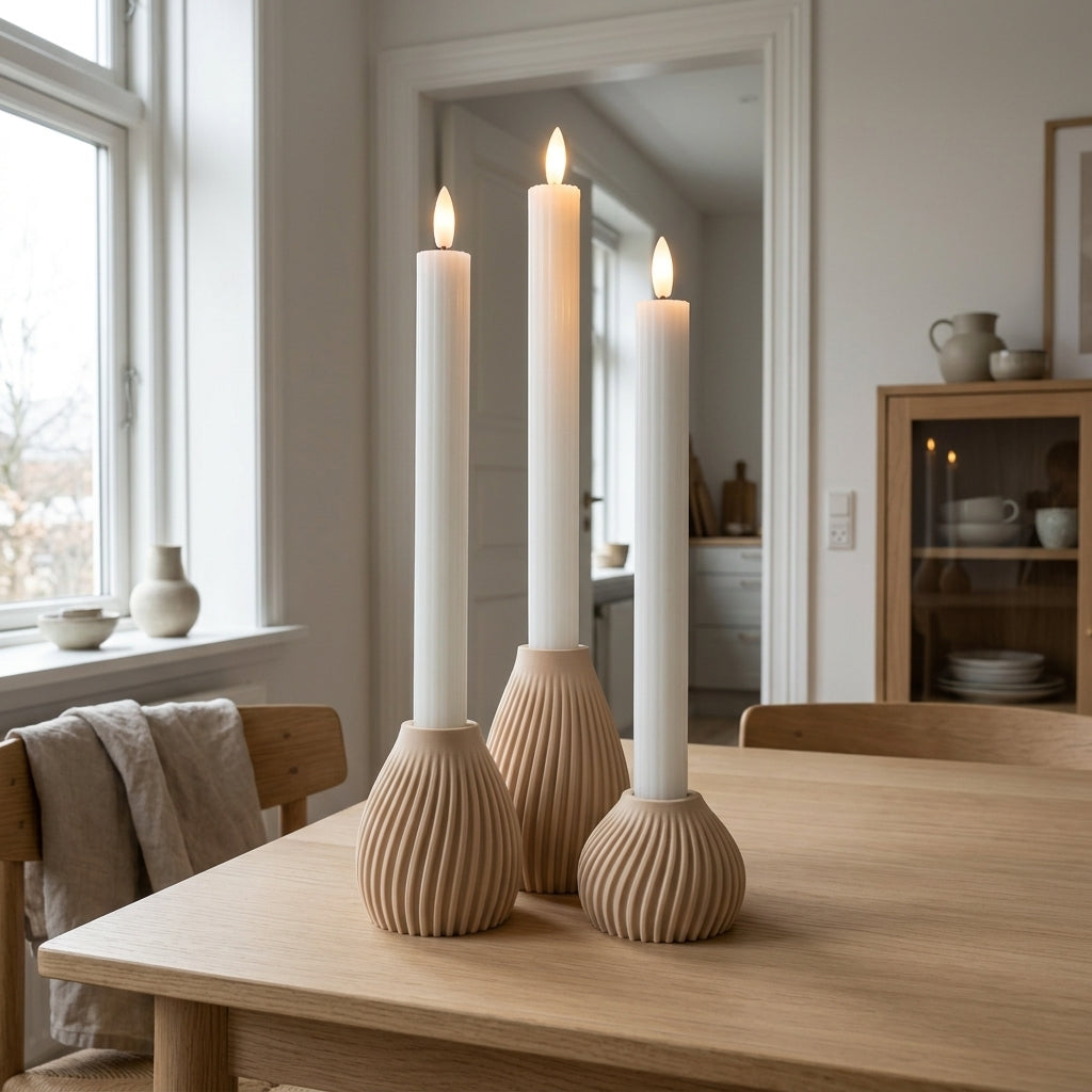 Flute LED lysestage sæt i beige til kronelys placeret på bord i rolig og moderne boligindretning