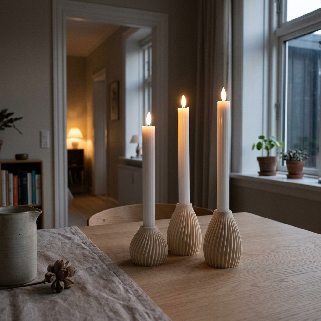 Flute LED lysestage sæt i cream til kronelys placeret på bord i varm og indbydende indretning