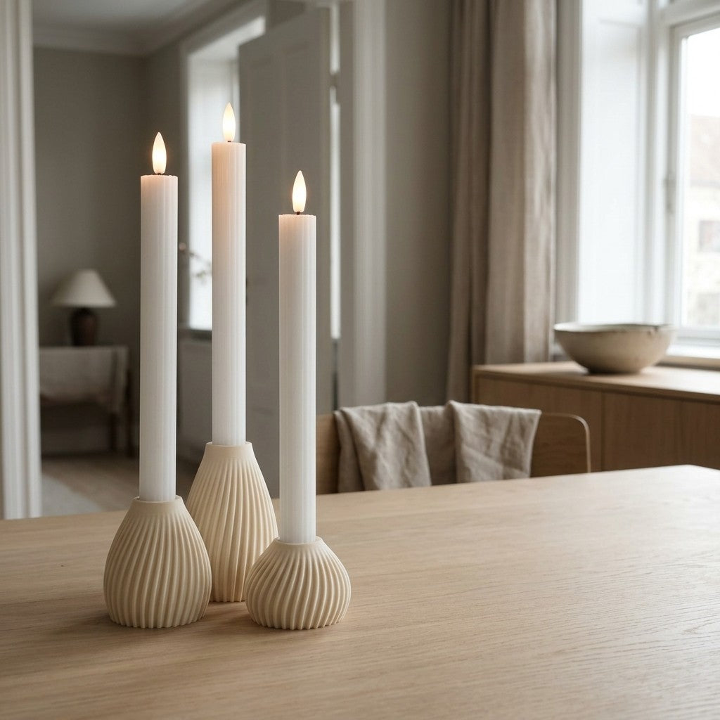 Flute LED lysestage sæt med 3 lysestager i cream til kronelys i rolig boligindretning