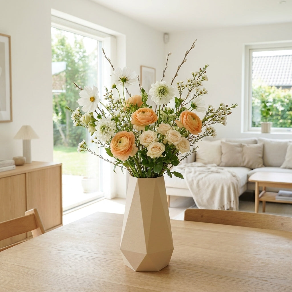 Geometric vase i beige med tørrede blomster – moderne dansk design