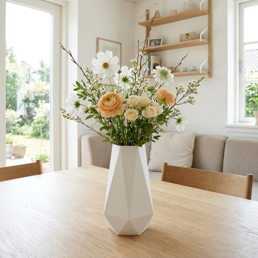 Hvid geometrisk vase i dansk design med blomster