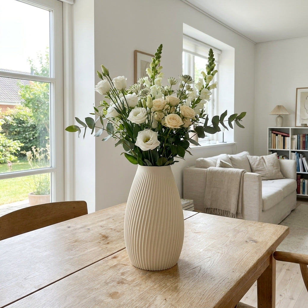 Flute vase i cream fra Hartli med friske blomster på træbord i et lyst hjem.