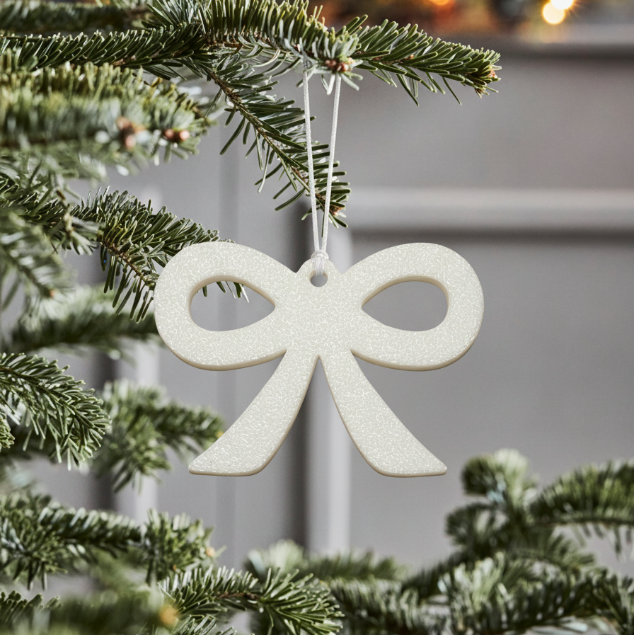 Hvid sløjfe julepynt på grøn gren – velegnet til juletræ, dekorative grene, vinduer og adventsgaver.