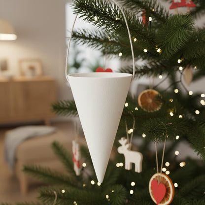 Hvidt kræmmerhus i enkelt design som julepynt til juletræ eller dekorativ gren