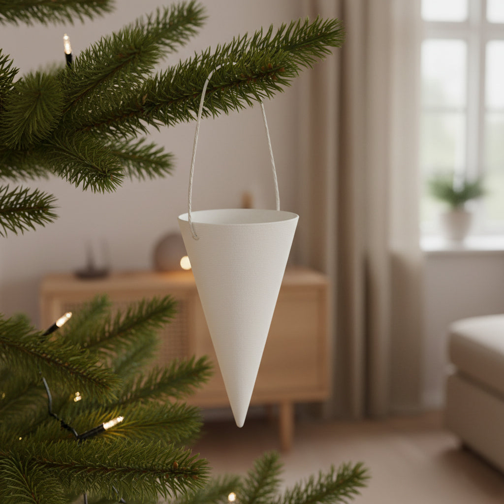 Hvidt kræmmerhus i enkelt design som julepynt til juletræ eller dekorativ gren