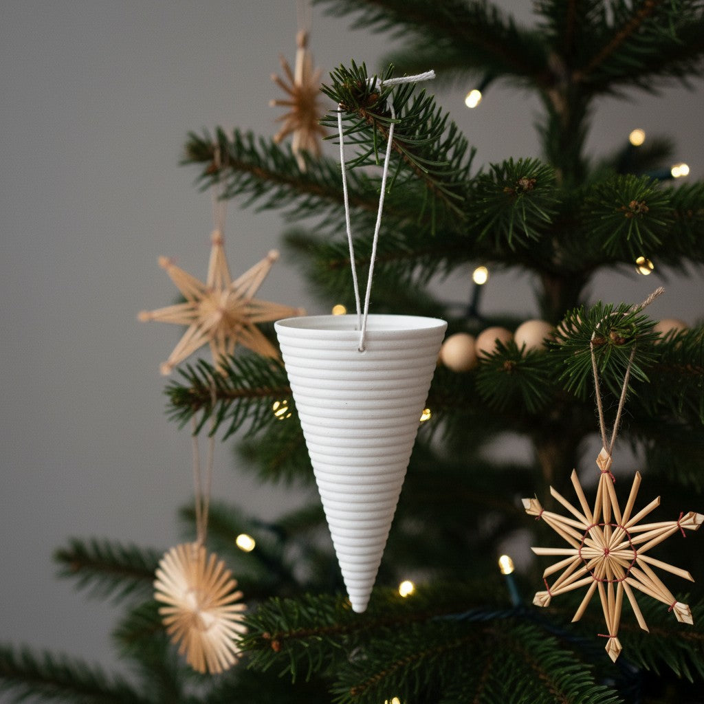 Hvidt riflet kræmmerhus som stemningsfuldt julepynt til juletræ