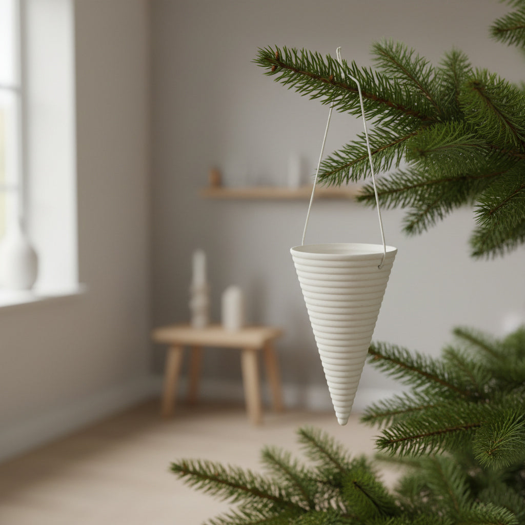 Hvidt riflet kræmmerhus som stemningsfuldt julepynt til juletræ