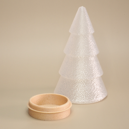 Juletræ fyrfadsstage i to dele med aftagelig transparent top og bund i træfyldt materiale, julelysestage og julepynt