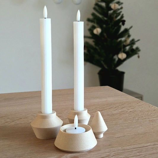 Modul juletræ med tre lysmoduler i rolige nuancer – fleksibel juleopstilling med ro, balance og detaljer valgt med omtanke