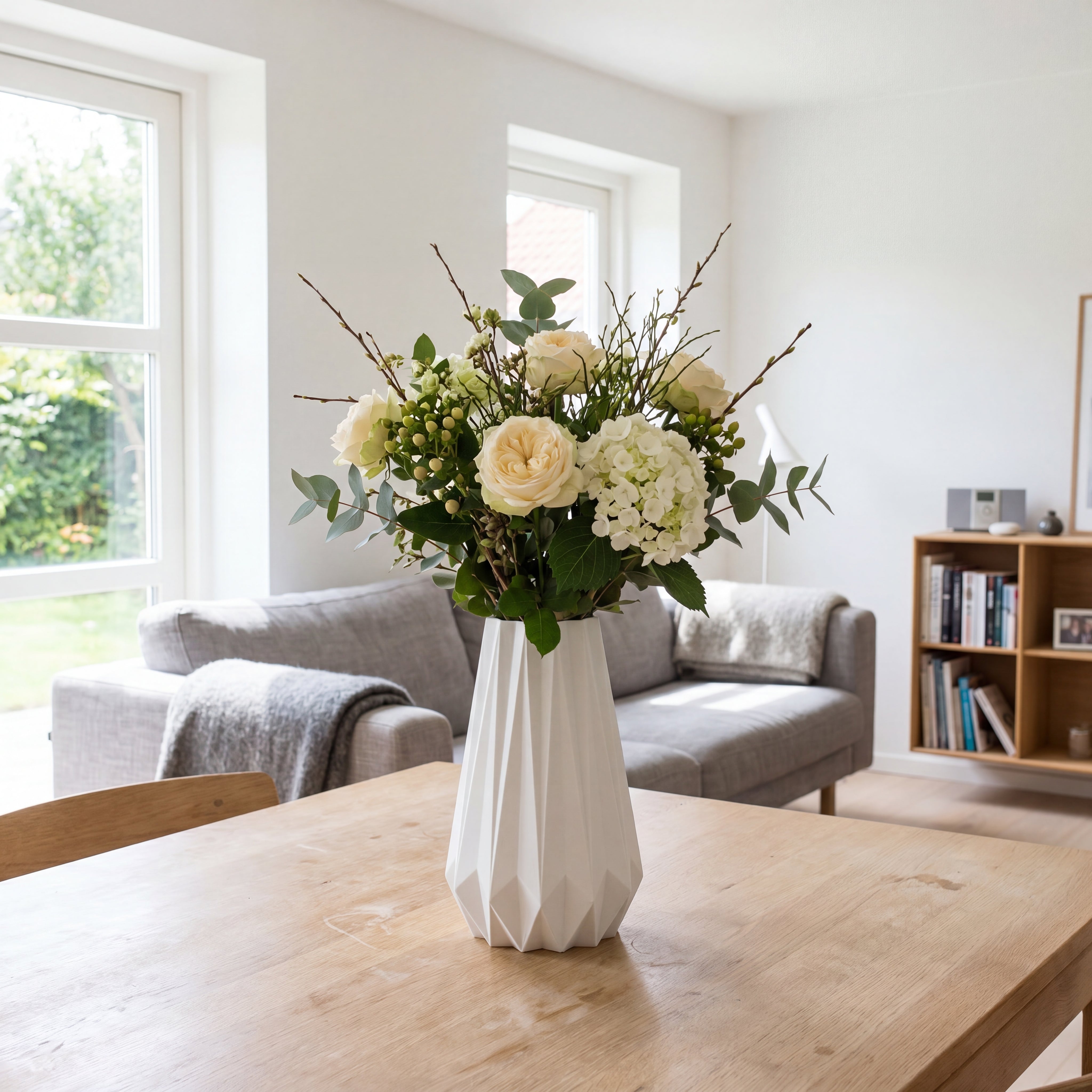 KANT vase i hvid med blomster – origami inspireret vase i roligt dansk design