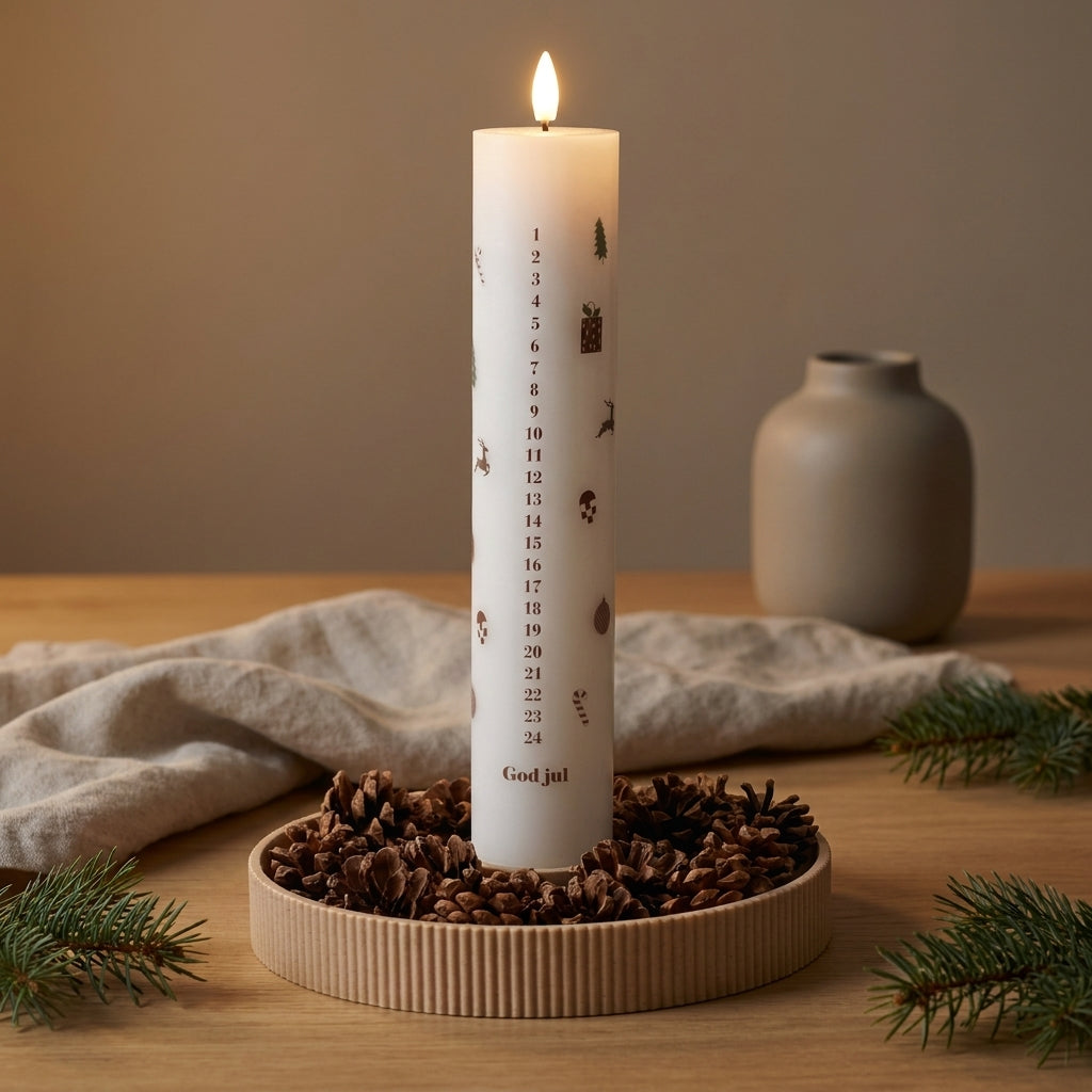 LED kalenderlys i dekorations bakke som personlig juledekoration i et moderne dansk hjem.