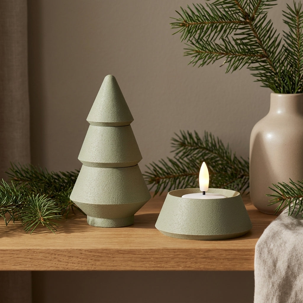 Modul LED lysestage opdelt i dele med kronelys og fyrfadslys – fleksibel julepynt i dansk design i oliven
