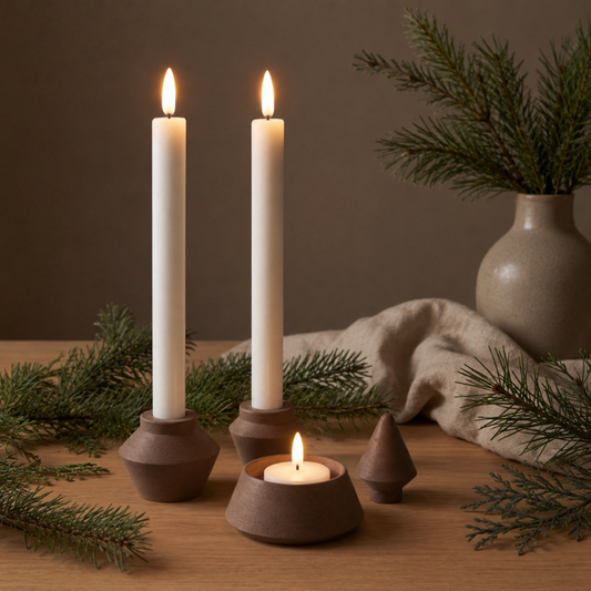 Modul LED lysestage opdelt i dele med kronelys og fyrfadslys – fleksibel julepynt i dansk design valnød