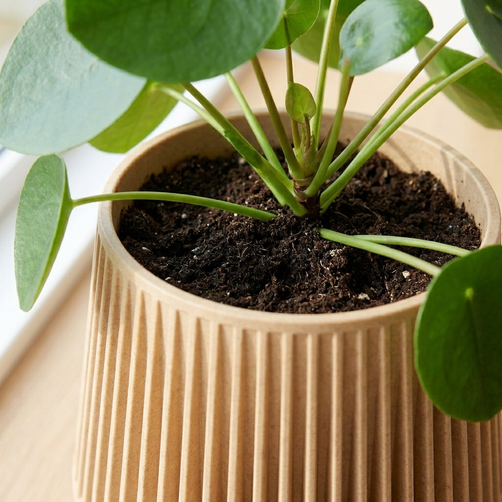 Detalje af Pilea i Siv selvvandende urtepotte i birk