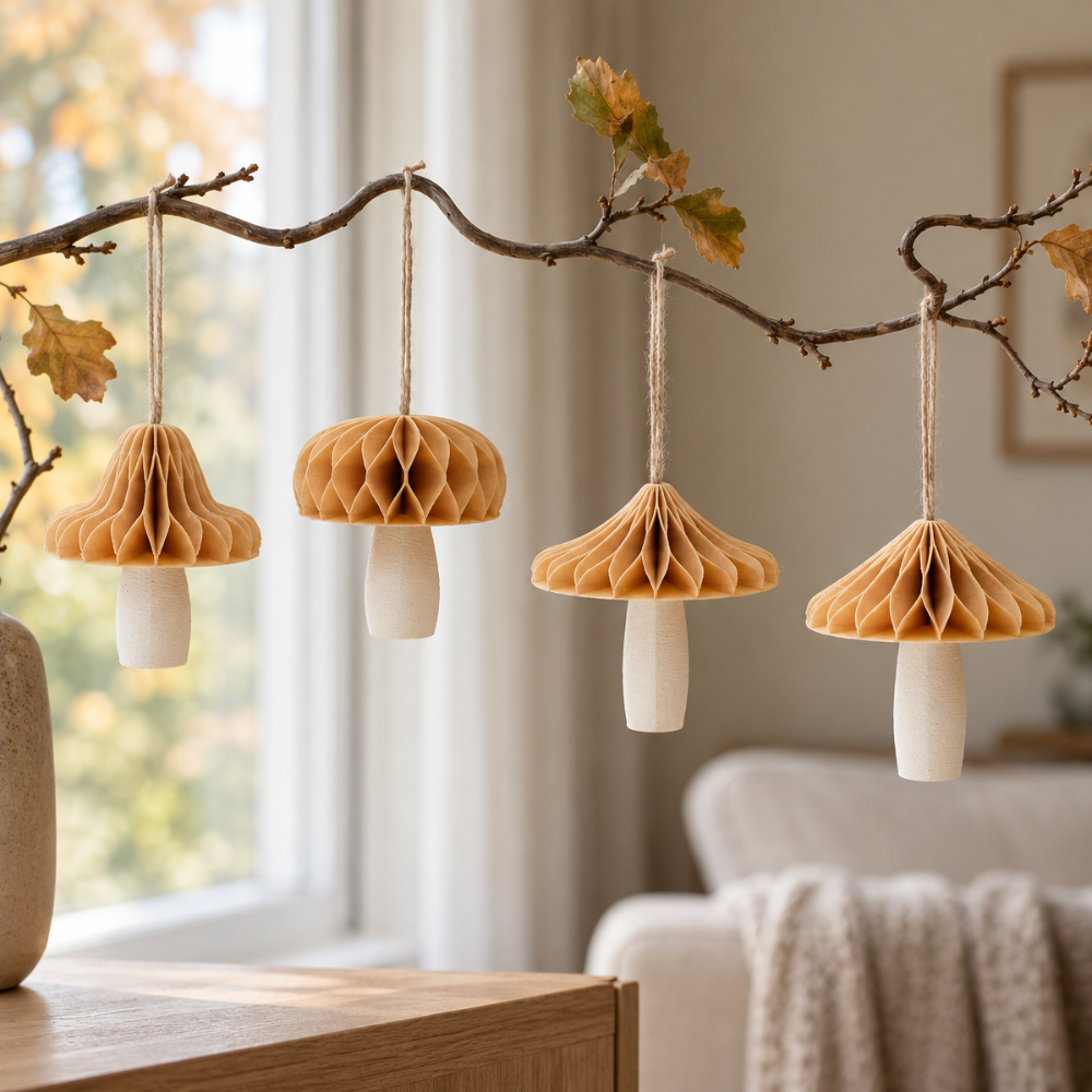 Et sæt med 4 små 3D-printede svampe som ornamenter til ophæng på en birkegren, perfekt som efterårspynt. Designet og produceret i Danmark.